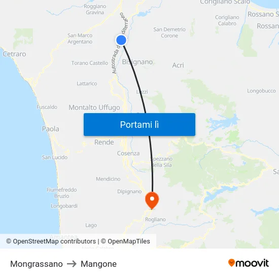 Mongrassano to Mangone map