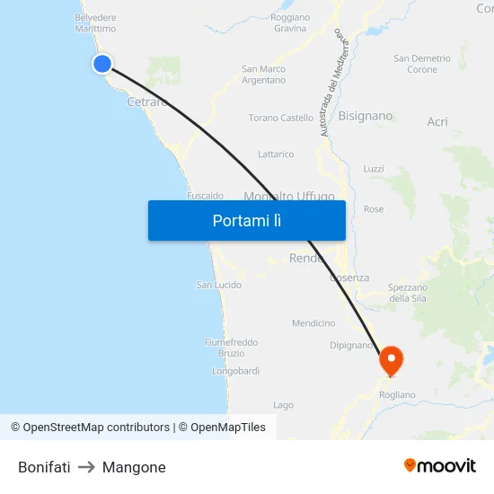 Bonifati to Mangone map