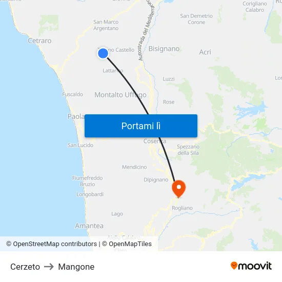 Cerzeto to Mangone map