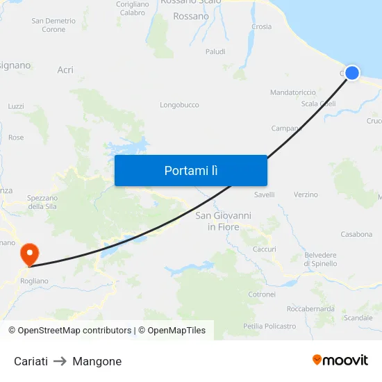 Cariati to Mangone map