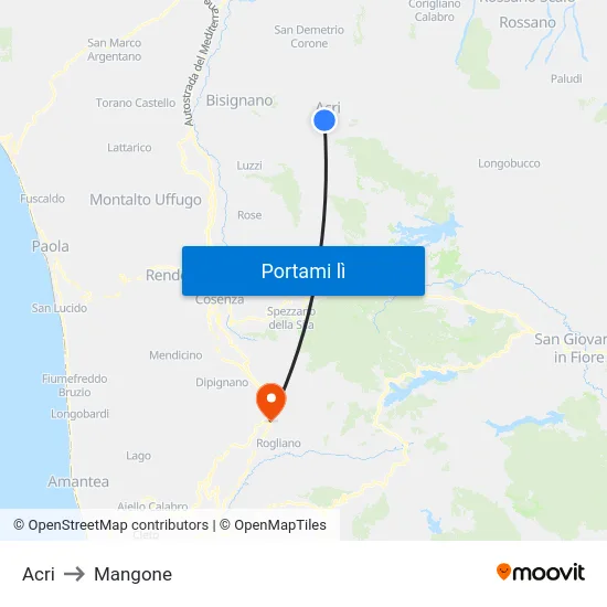 Acri to Mangone map