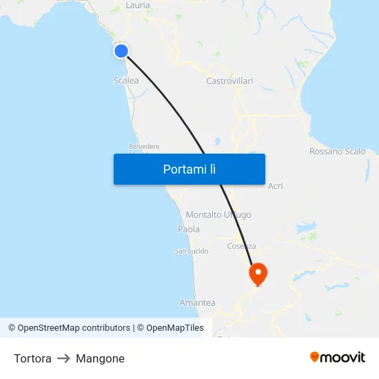 Tortora to Mangone map