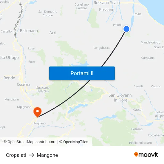 Cropalati to Mangone map