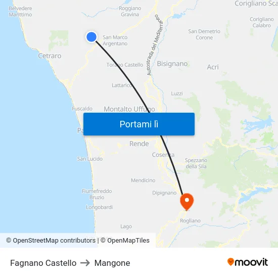 Fagnano Castello to Mangone map