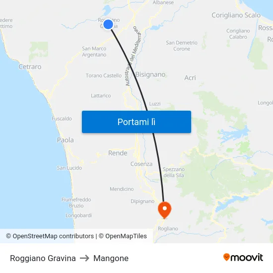Roggiano Gravina to Mangone map
