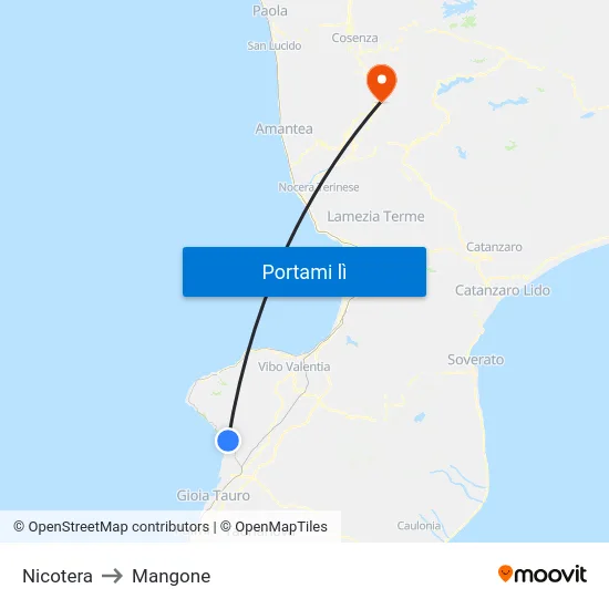 Nicotera to Mangone map