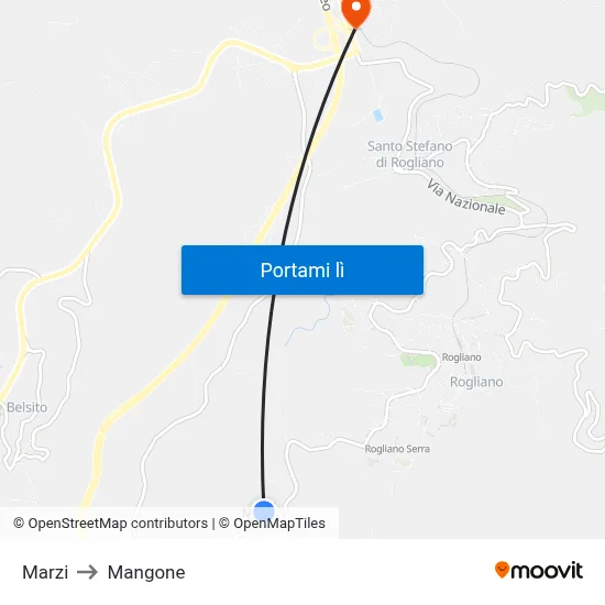 Marzi to Mangone map