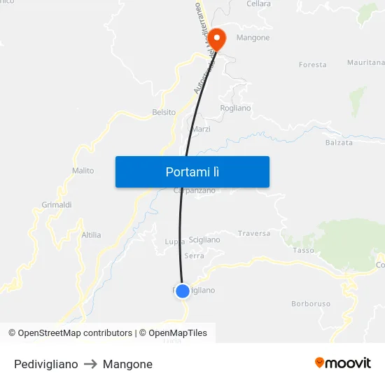 Pedivigliano to Mangone map