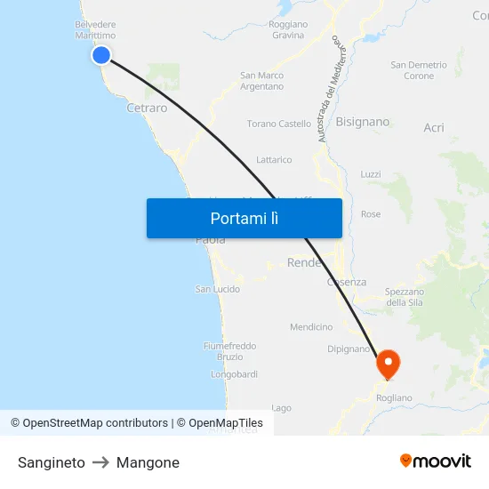 Sangineto to Mangone map