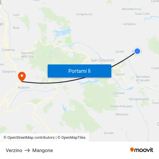 Verzino to Mangone map