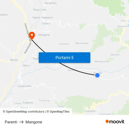 Parenti to Mangone map