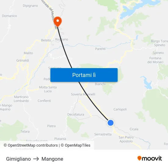 Gimigliano to Mangone map