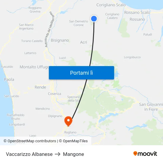 Vaccarizzo Albanese to Mangone map