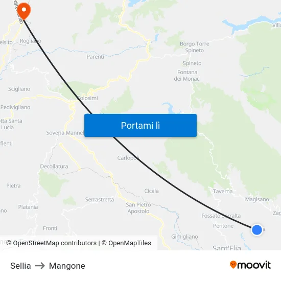 Sellia to Mangone map