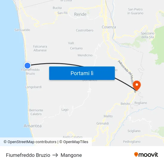 Fiumefreddo Bruzio to Mangone map