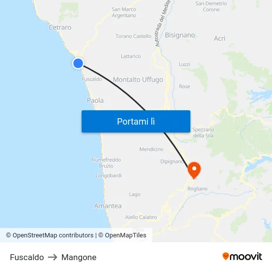 Fuscaldo to Mangone map