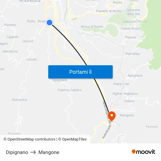 Dipignano to Mangone map