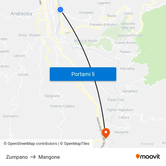 Zumpano to Mangone map