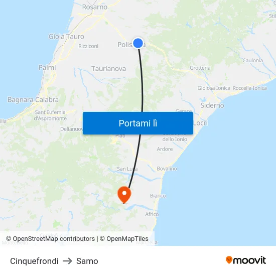 Cinquefrondi to Samo map