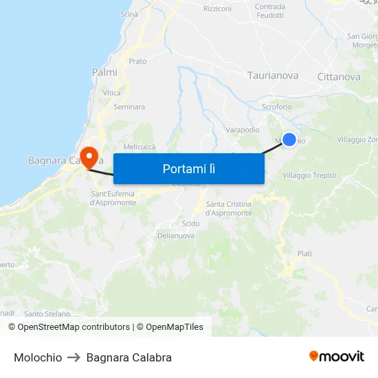 Molochio to Bagnara Calabra map