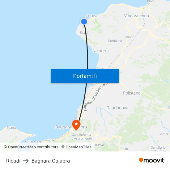 Ricadi to Bagnara Calabra map
