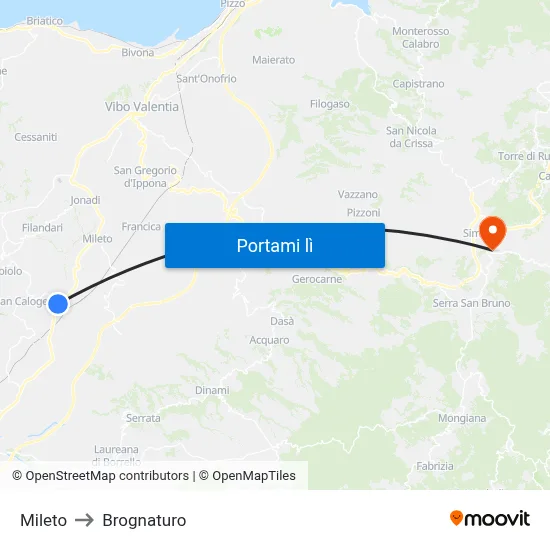 Mileto to Brognaturo map