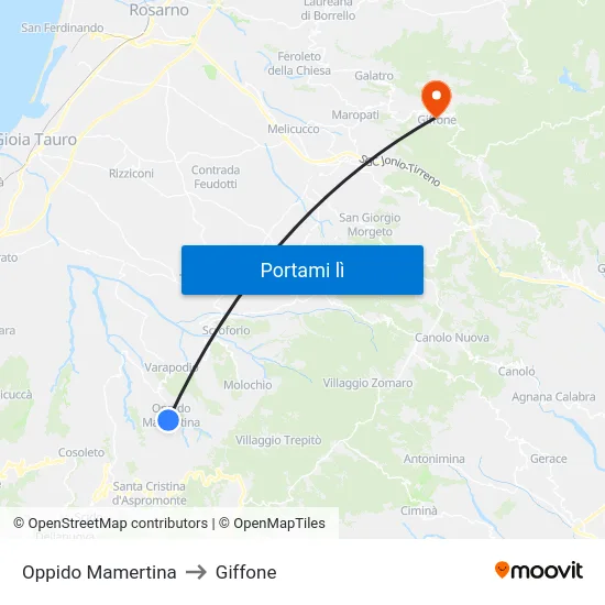 Oppido Mamertina to Giffone map