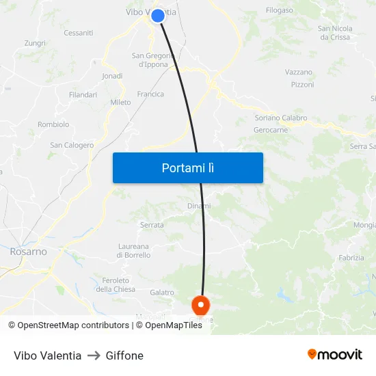 Vibo Valentia to Giffone map
