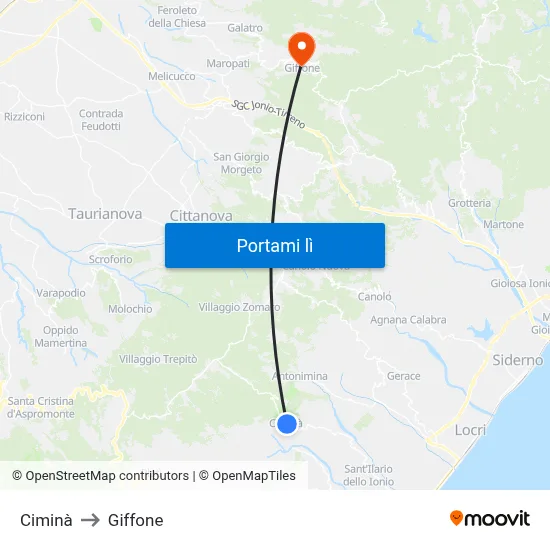 Ciminà to Giffone map