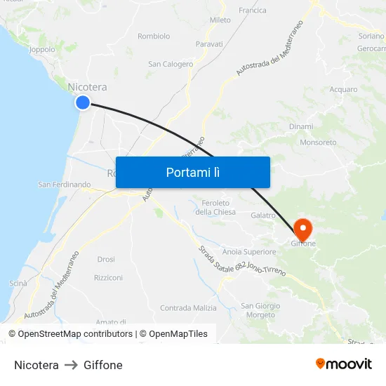 Nicotera to Giffone map