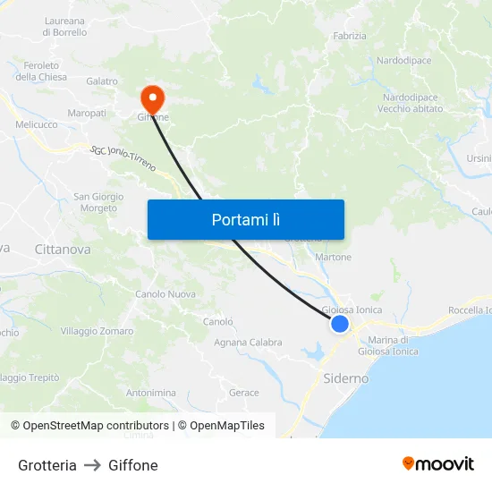 Grotteria to Giffone map