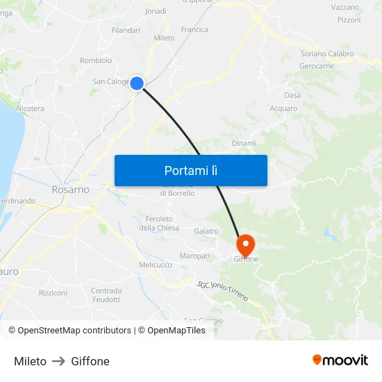 Mileto to Giffone map