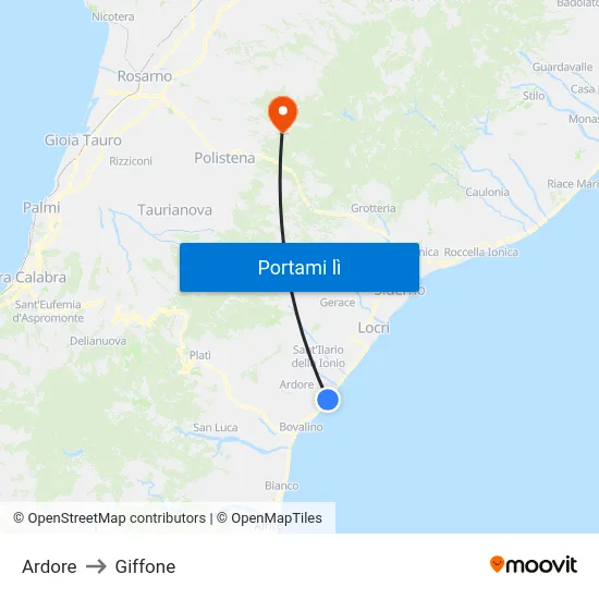 Ardore to Giffone map