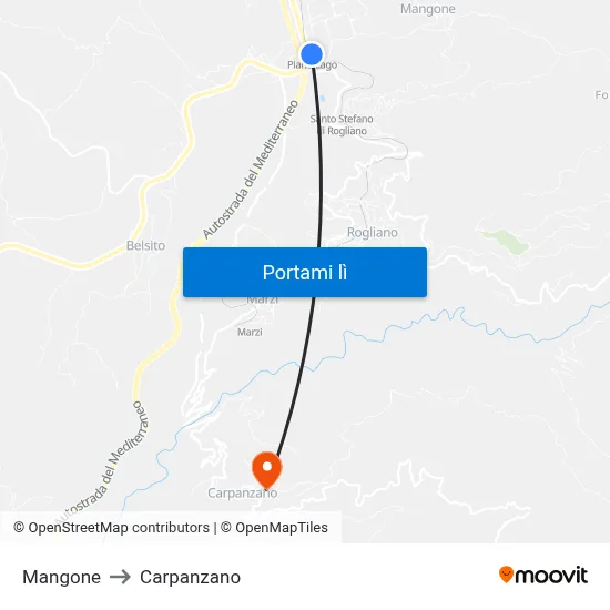 Mangone to Carpanzano map