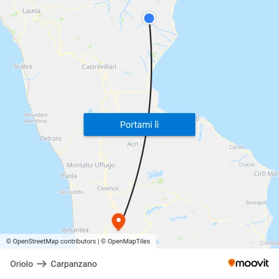 Oriolo to Carpanzano map