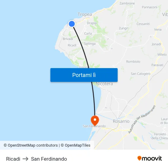 Ricadi to San Ferdinando map