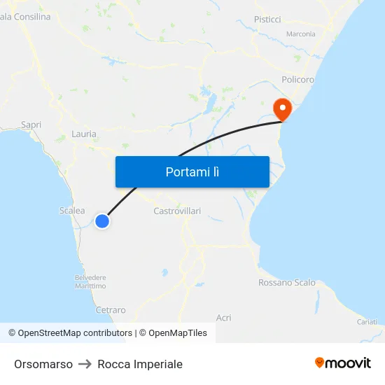 Orsomarso to Rocca Imperiale map