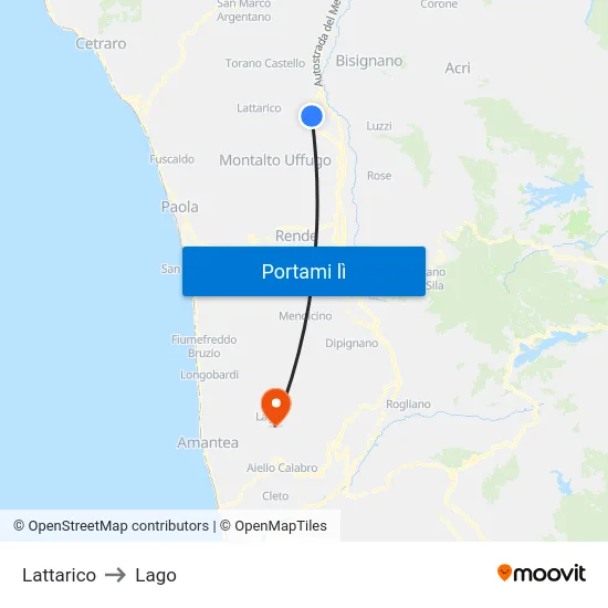 Lattarico to Lago map