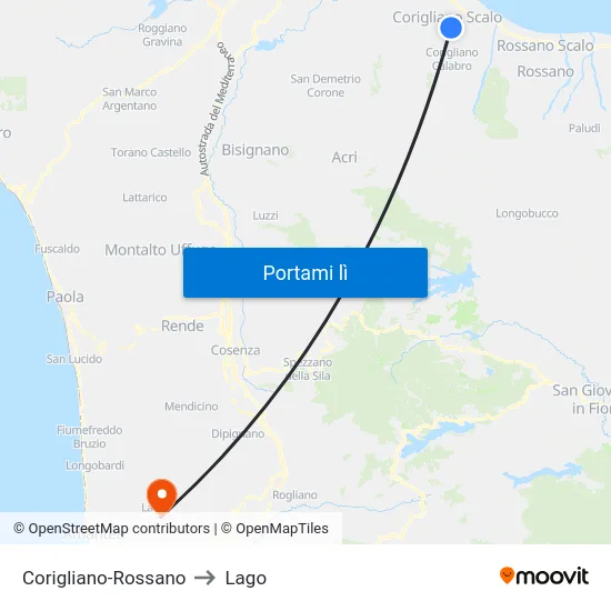 Corigliano-Rossano to Lago map