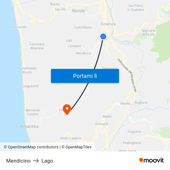 Mendicino to Lago map
