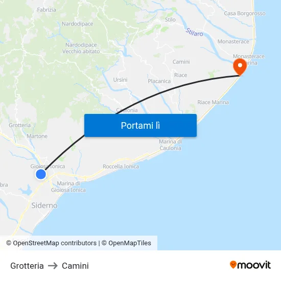 Grotteria to Camini map