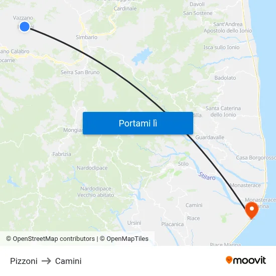 Pizzoni to Camini map