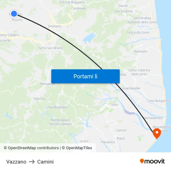 Vazzano to Camini map