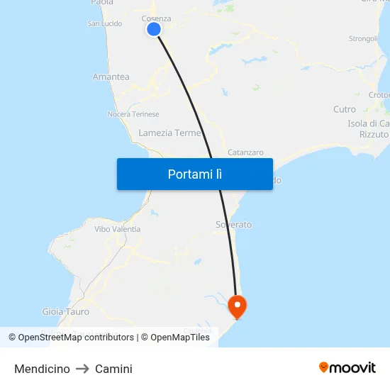 Mendicino to Camini map