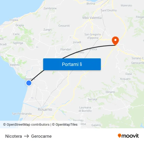 Nicotera to Gerocarne map