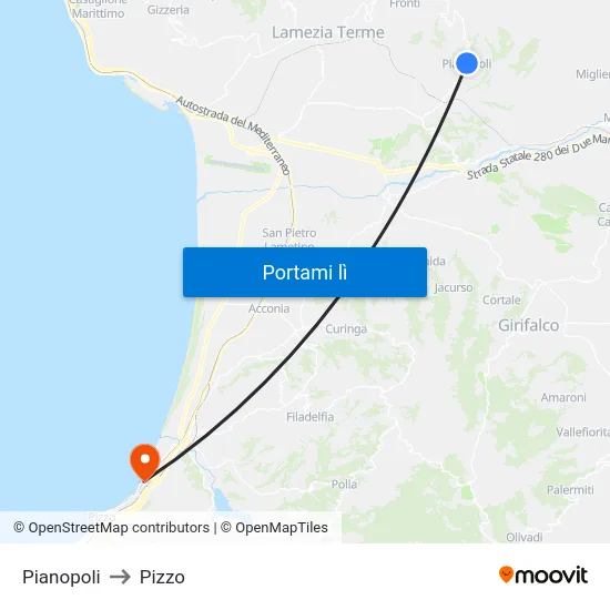 Pianopoli to Pizzo map