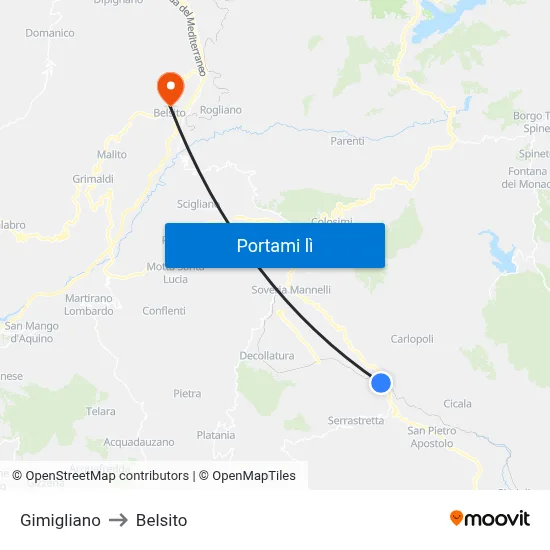 Gimigliano to Belsito map
