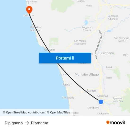 Dipignano to Diamante map