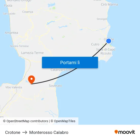 Crotone to Monterosso Calabro map