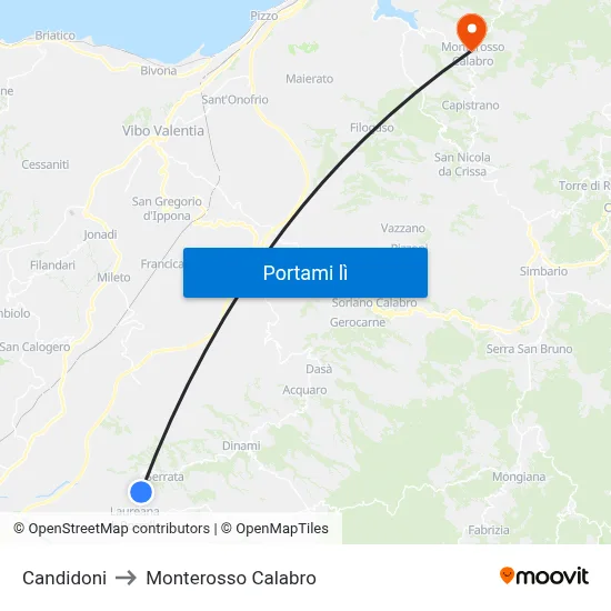 Candidoni to Monterosso Calabro map